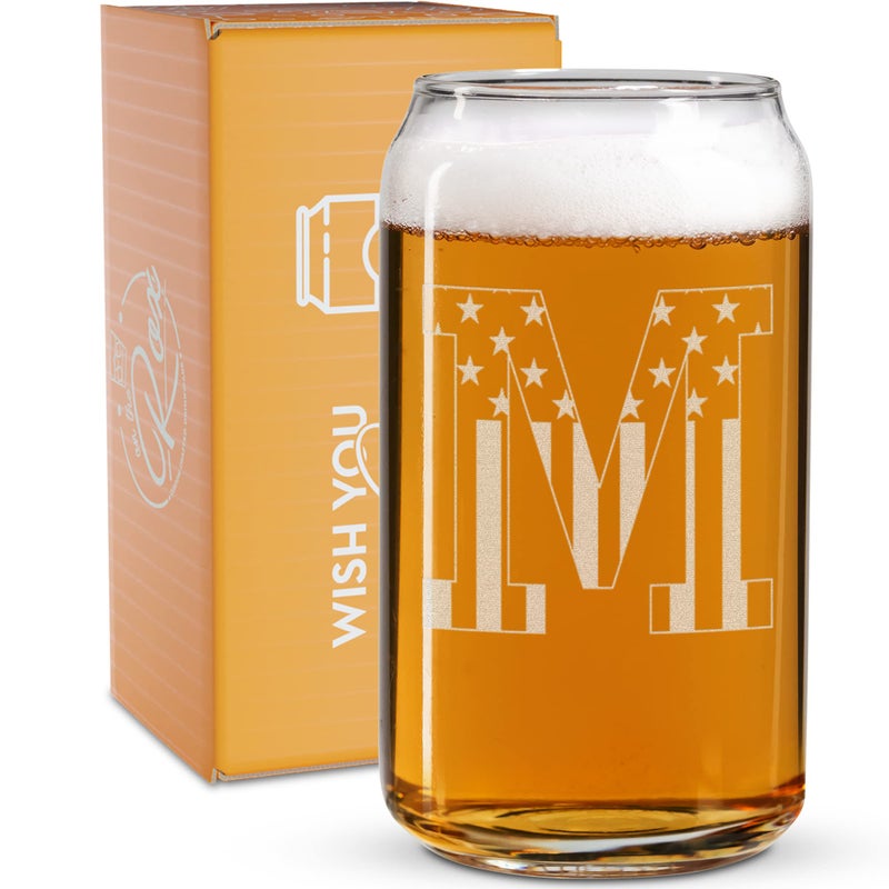 On The Rox Monogram Beer Glasses for Men (A-Z) 16 oz - Beer Gifts for Men Brother Son Dad Neighbor - Unique Gifts for Him - Personalized Drinking Gift Beer Glass Mugs - Engraved Beer Can Glass (M) - Image 1